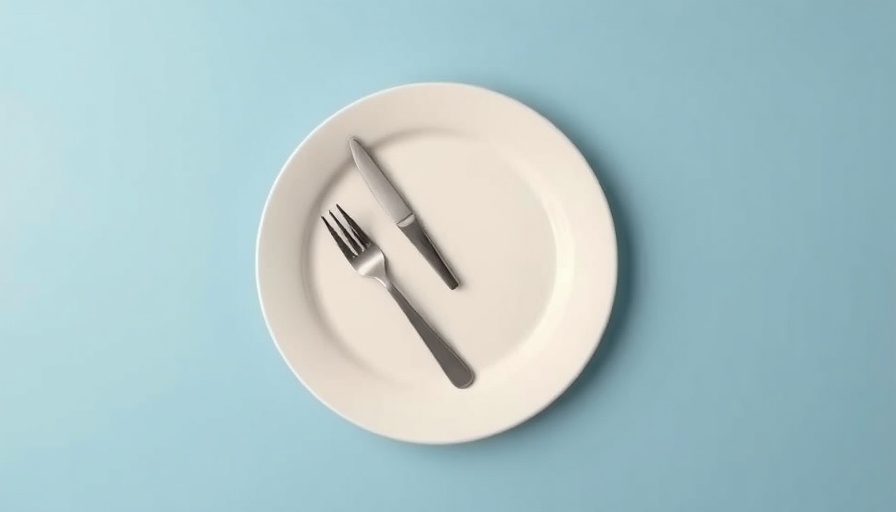 Fasting concept: plate-clock with cutlery hands on blue background.