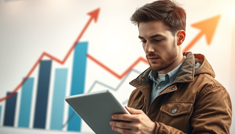 Man in brown jacket using tablet with abstract content mills background.