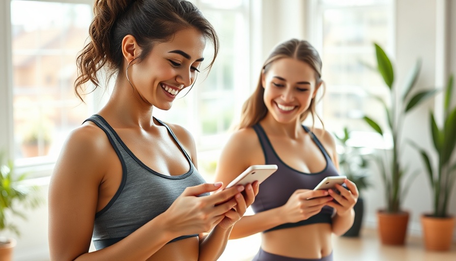Women in gym reading SMS marketing message on phone.