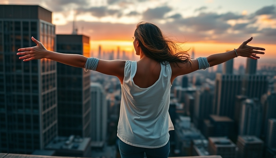 Confident woman on rooftop at sunset symbolizing sales strategy.