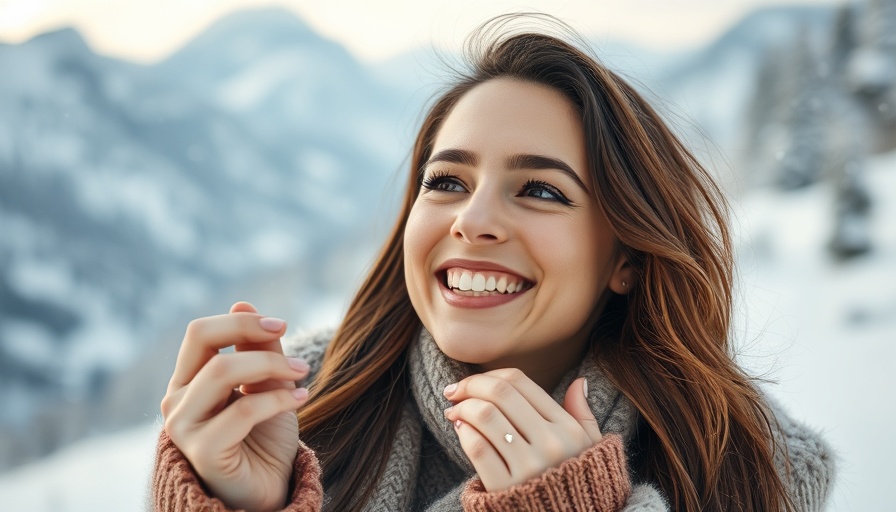 Winter skincare routine with woman applying cream in snowy mountains.