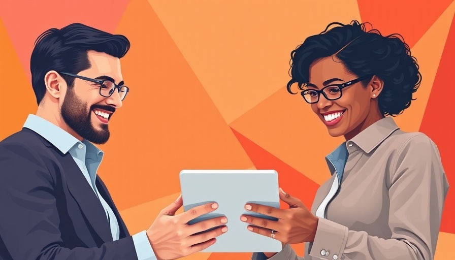 Two people reviewing content on a tablet, content scoring concept.