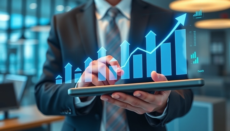 Economic trends displayed as virtual bar charts on digital tablet.