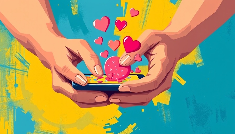 Modern digital art of hands on smartphone with heart icons, content marketing.