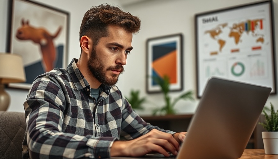 Young man analyzing SMS and Email marketing data on a laptop at home.