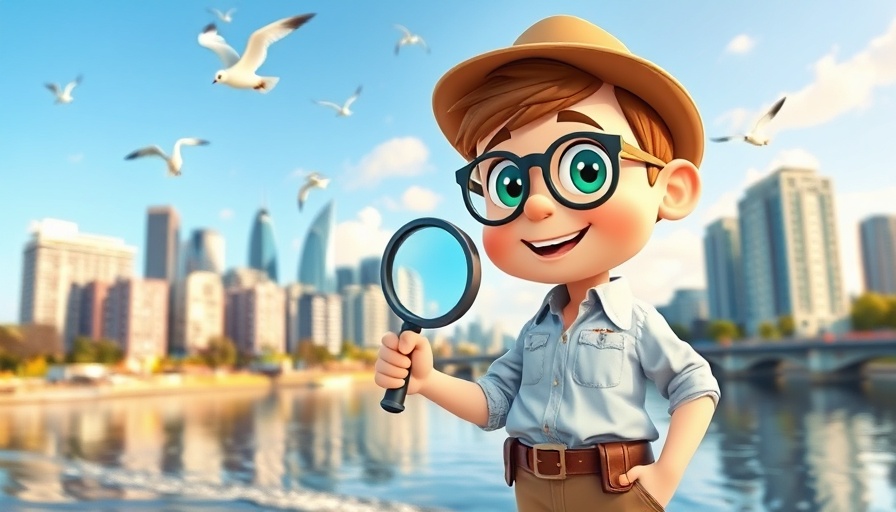 Cartoon explorer character by cityscape; Microsoft Clarity theme.