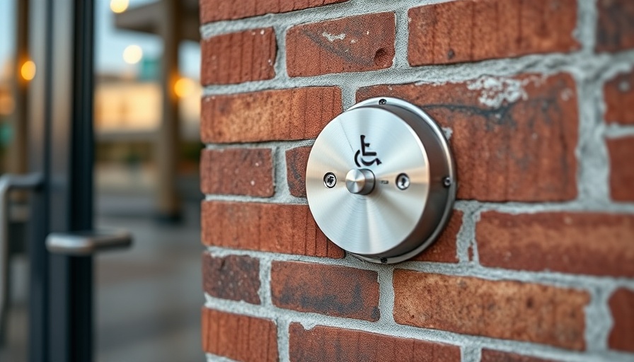 ADA compliance button for door access on brick wall.