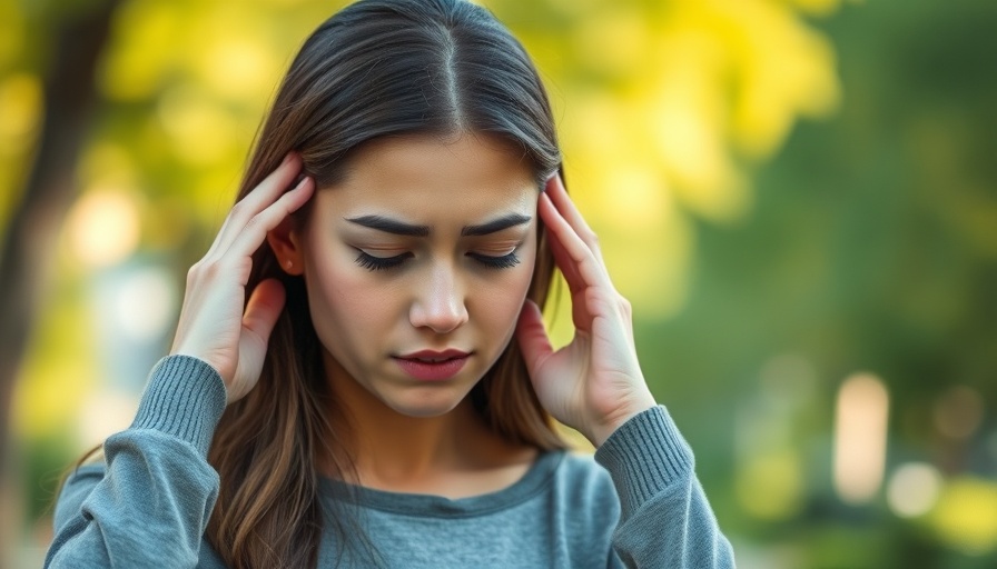 Young woman holding temples stressed, touch therapy context.