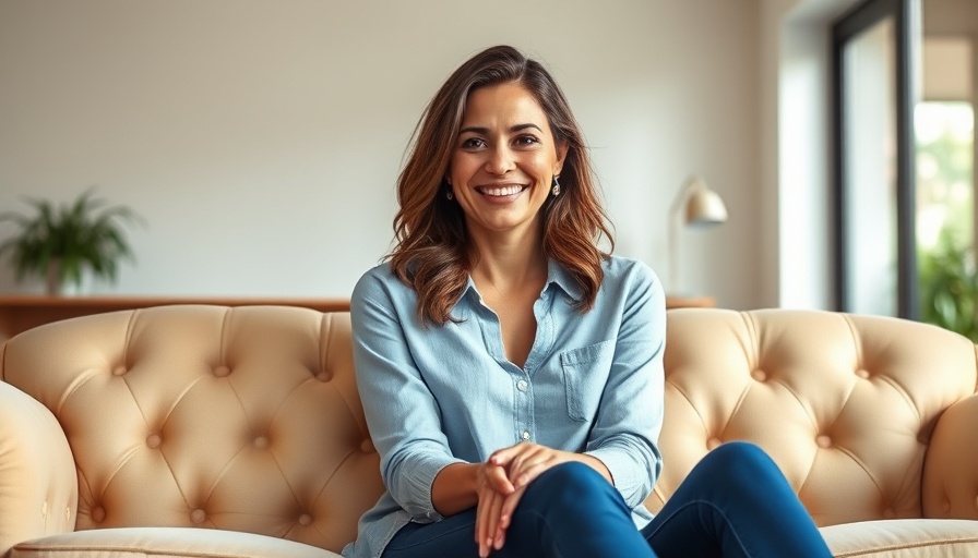 Confident woman smiling on sofa, photorealistic, Nicole Altavilla.