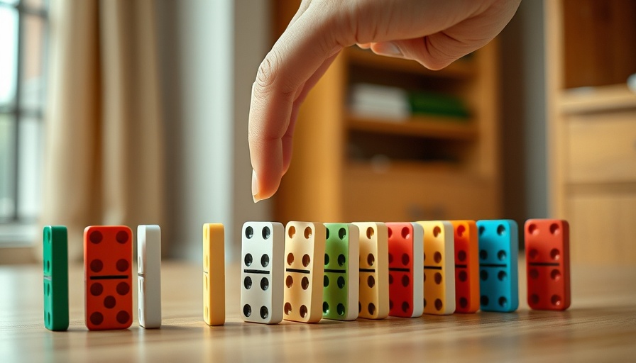 Hand demonstrating risk management strategies by stopping dominoes.