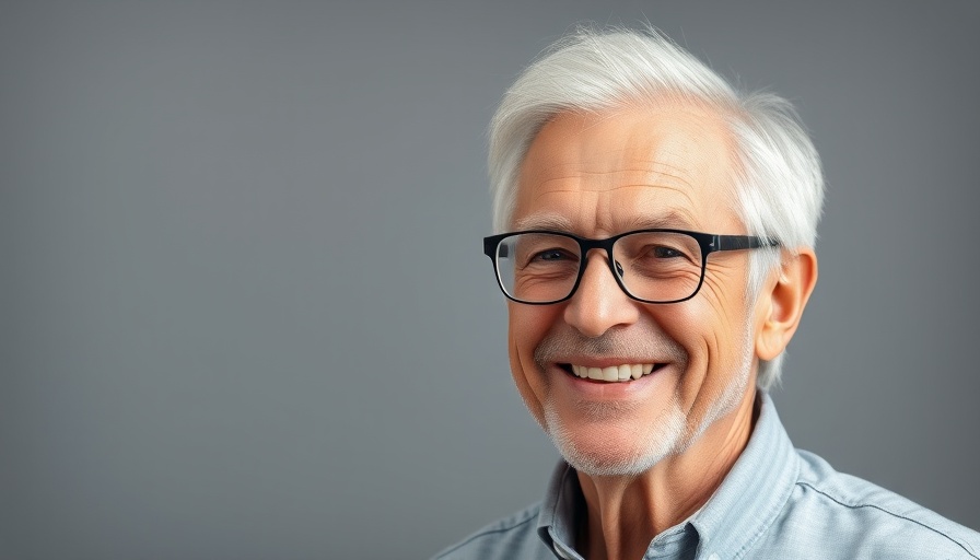 Elderly man smiling confidently, wearing glasses against grey background.