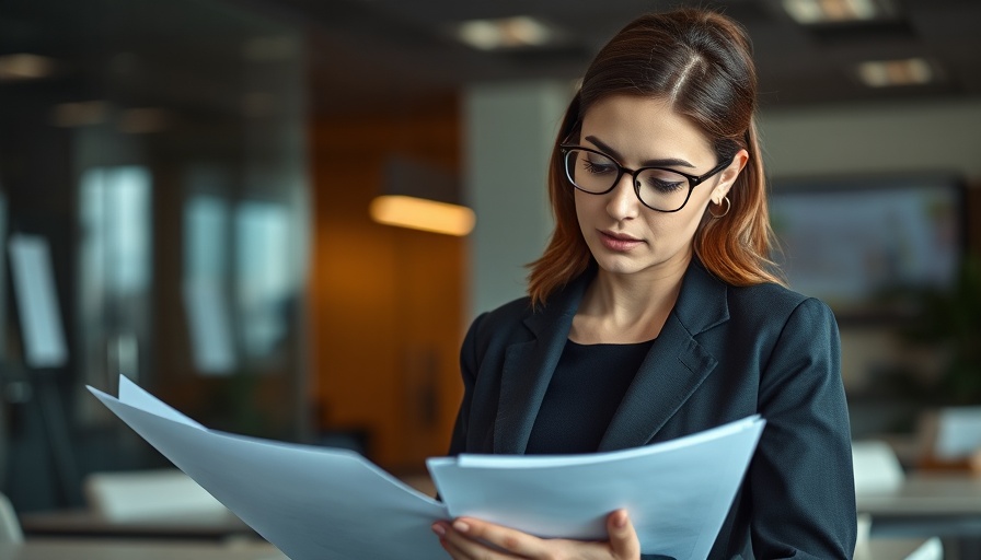 Businesswoman reviews documents for estate planning in office.