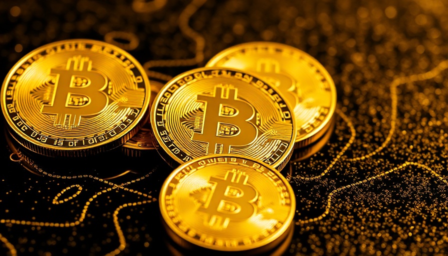 Golden Bitcoin coins on black and gold background representing cryptocurrency impact.