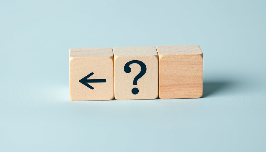 Wooden blocks with arrows and question mark on blue background representing leadership.