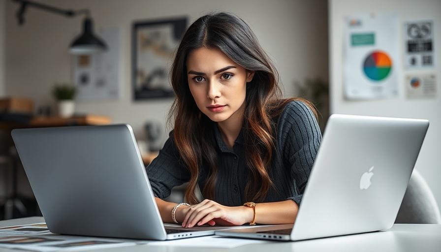 Young woman working on an online portfolio in a modern workspace.