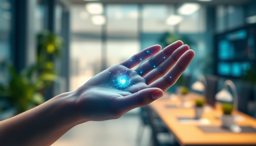Futuristic hand presenting AI technology in a modern office environment.
