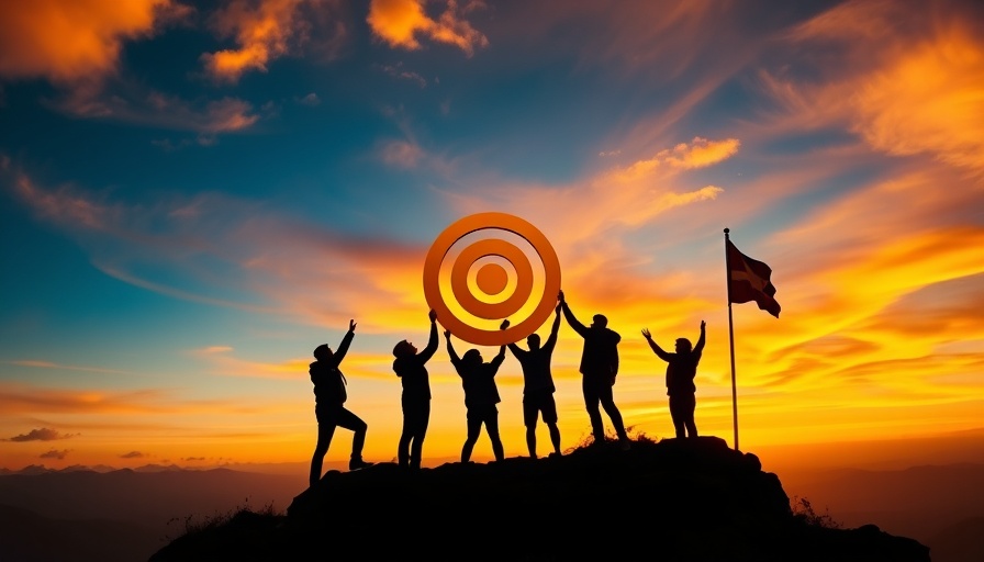 Silhouetted team celebrating success with a target icon at sunset