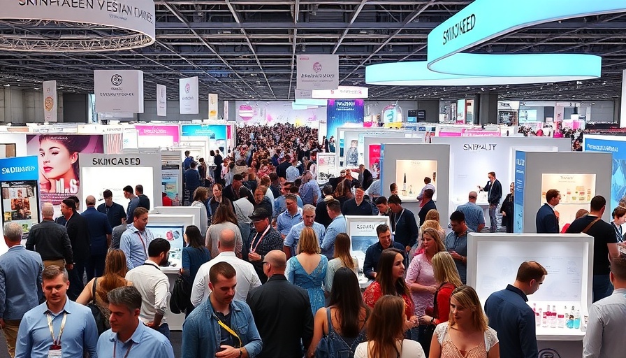 Bustling IECSC NYC trade show with vibrant crowd and skincare booths.