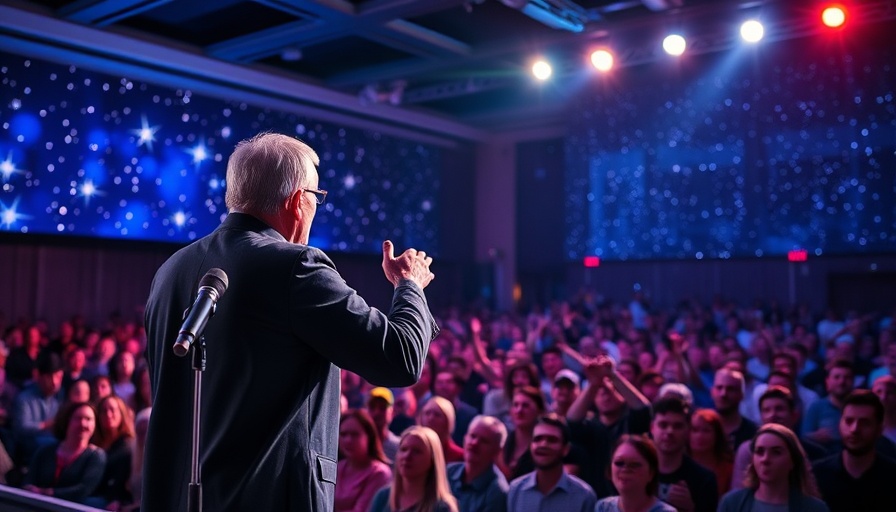 Motivational speaker energizing large audience, entrepreneur health event