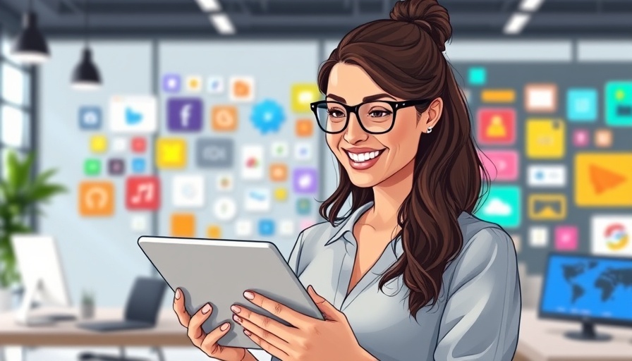Woman exploring Media Mix Modeling on tablet, vibrant icons