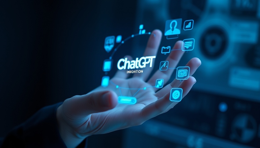 Futuristic digital AI interface with ChatGPT logo on hand.