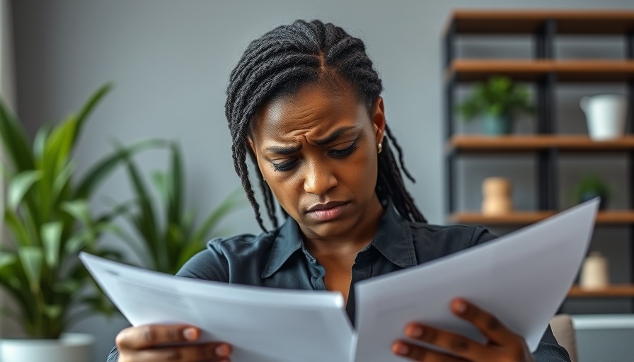 Stressed businesswoman contemplating documents in a modern office.