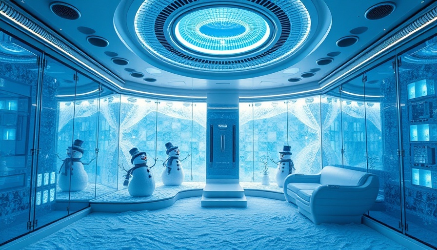 Futuristic cold therapy chamber with snow and blue lighting.