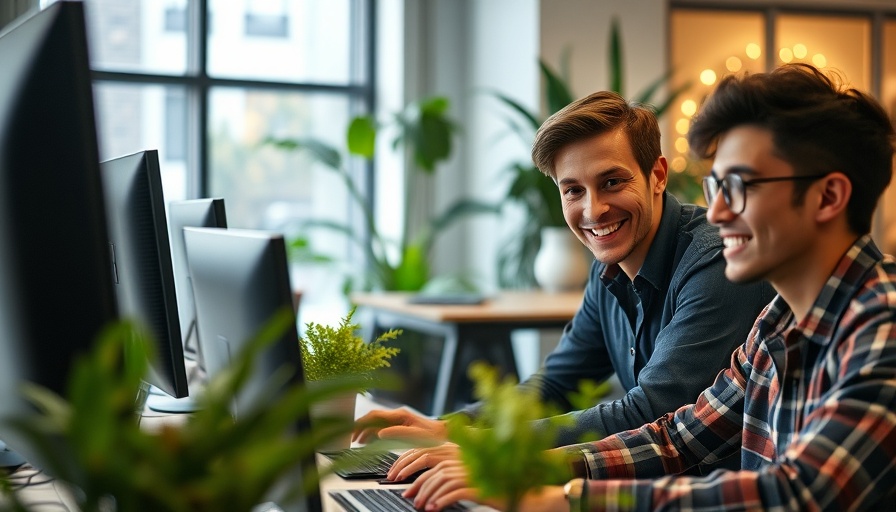 Young men using AI tools in modern office, bright and detailed.