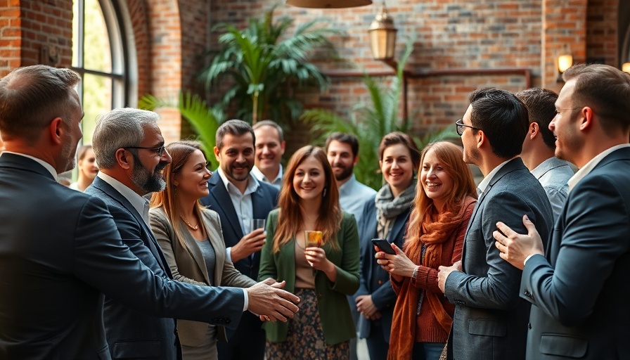 Professionals at networking event for growth, interacting warmly.