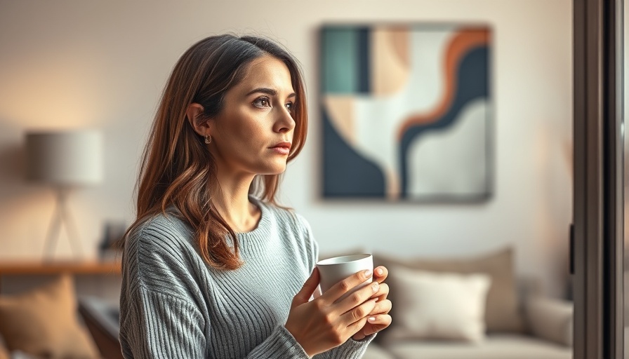 Serene woman in living room, embracing solitude with coffee.