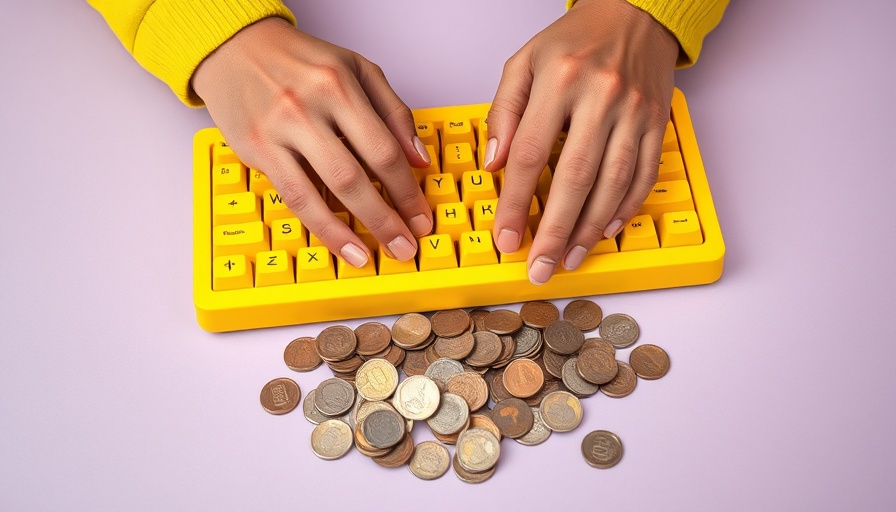 Vibrant hands typing on a yellow keyboard with coins, B2B SaaS Marketing Strategies.