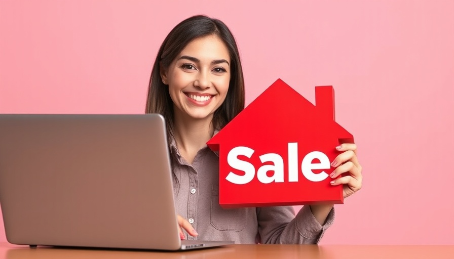 Woman engaging in real estate marketing, holding sale sign.