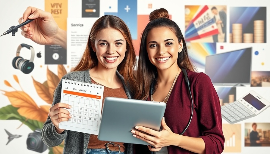 Two women using tablet for content planning software, modern collage.