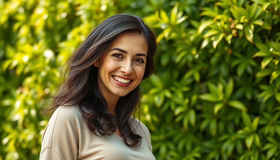 Confident woman smiling against lush greenery, beauty products for spas.