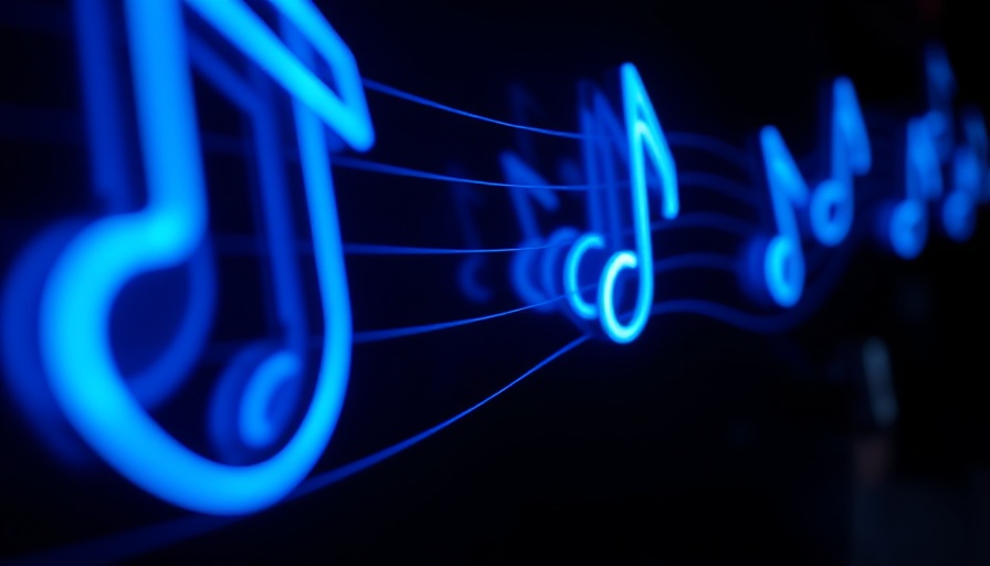 Neon blue music notes symbolize impact; does playing music increase sales?