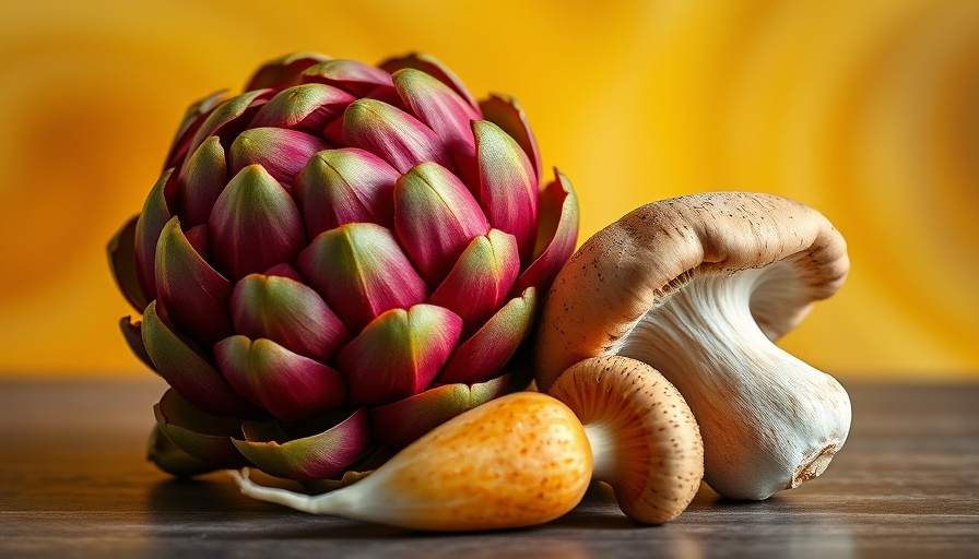 Fresh artichoke, radish, mushroom on colorful background, Mediterranean diet foods for spring.
