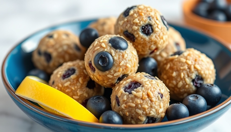 Tasty Blueberry-Lemon Energy Balls on a blue plate.