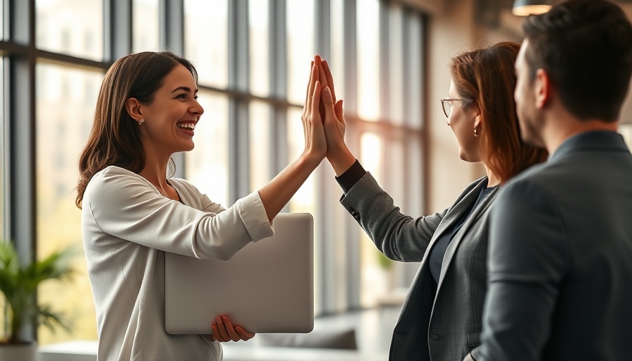 Cheerful woman high-fiving colleague, making employees feel valued in a modern office.