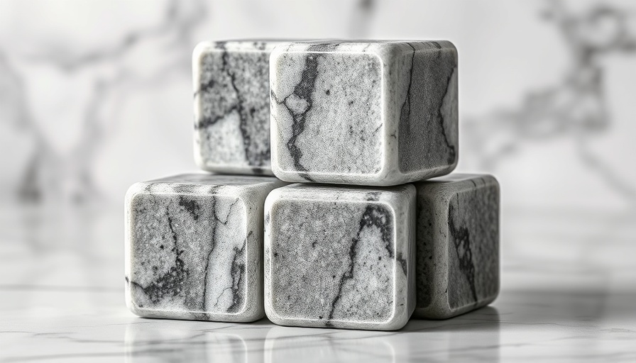 Gray stone reusable ice cubes stacked on a marble surface.