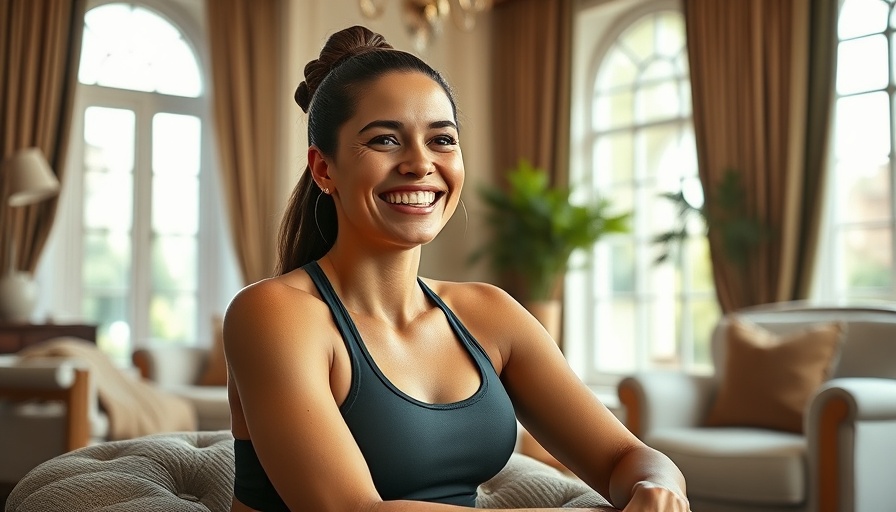 Cheerful woman sharing Caroline Girvan training tips in cozy room.