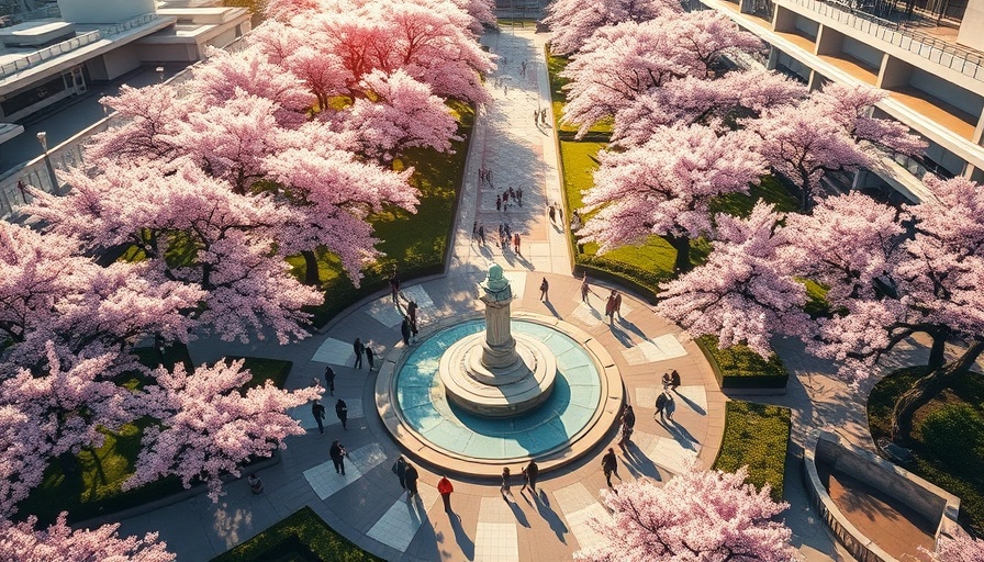Aerial view of Hanami Line cherry blossoms in park with fountain.