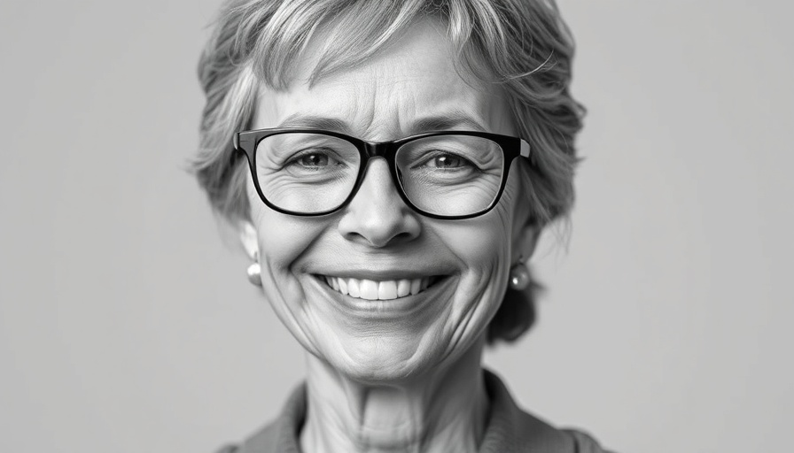 Mature woman smiling warmly, embracing mindfulness, black and white portrait.