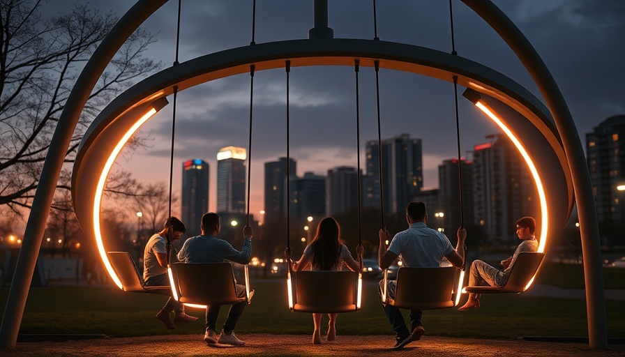 Adult urban swings in Sacramento at dusk with glowing rings.