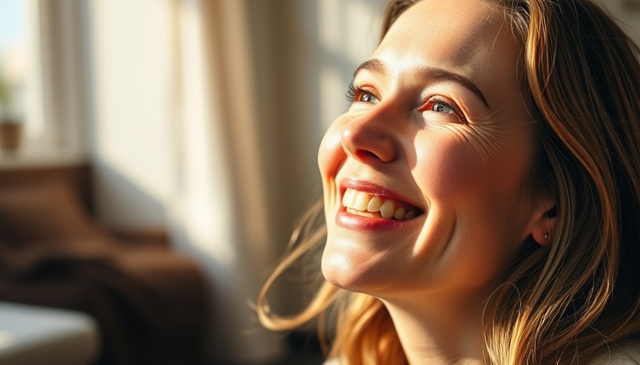 Woman with rosacea smiling in natural light, a holistic approach.