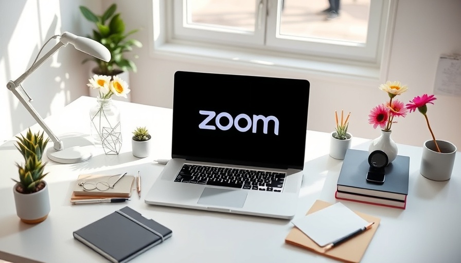 Minimalist workspace with a laptop showing the Zoom logo.