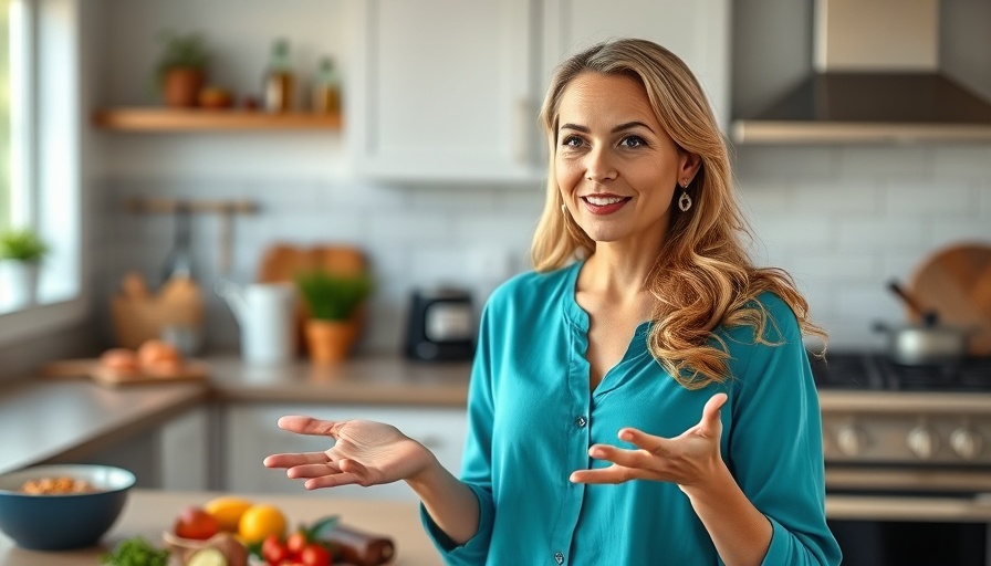 Woman discussing sustainable living in a kitchen setting.