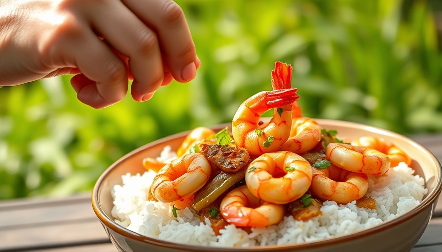 Garlic shrimp recipe in a bowl with rice outdoors.