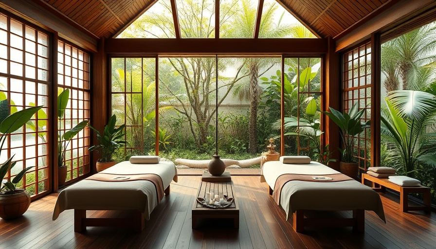 Serene spa room with massage tables overlooking tropical garden