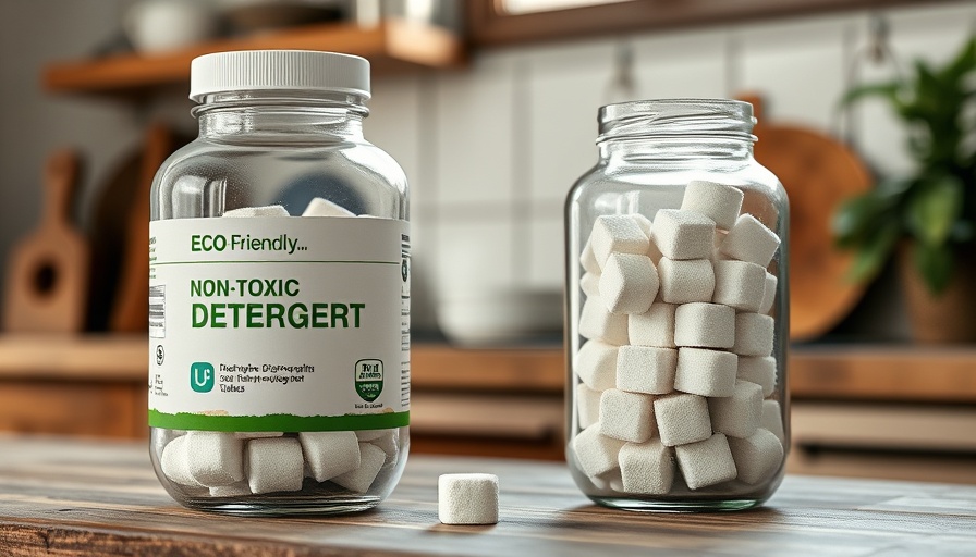 Eco-friendly non-toxic dishwasher detergent with natural packaging in rustic kitchen.