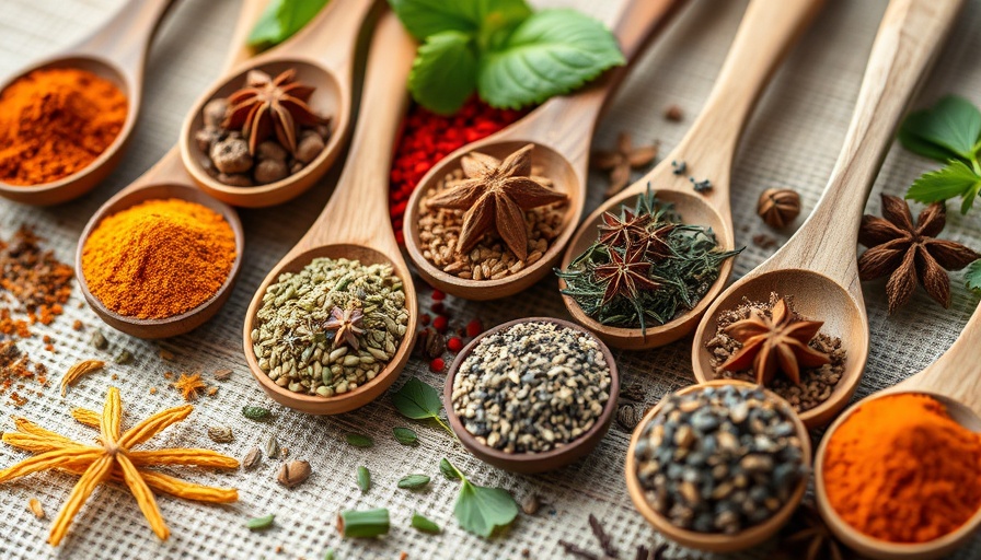 Assorted anti-inflammatory spices for blood sugar on wooden spoons.